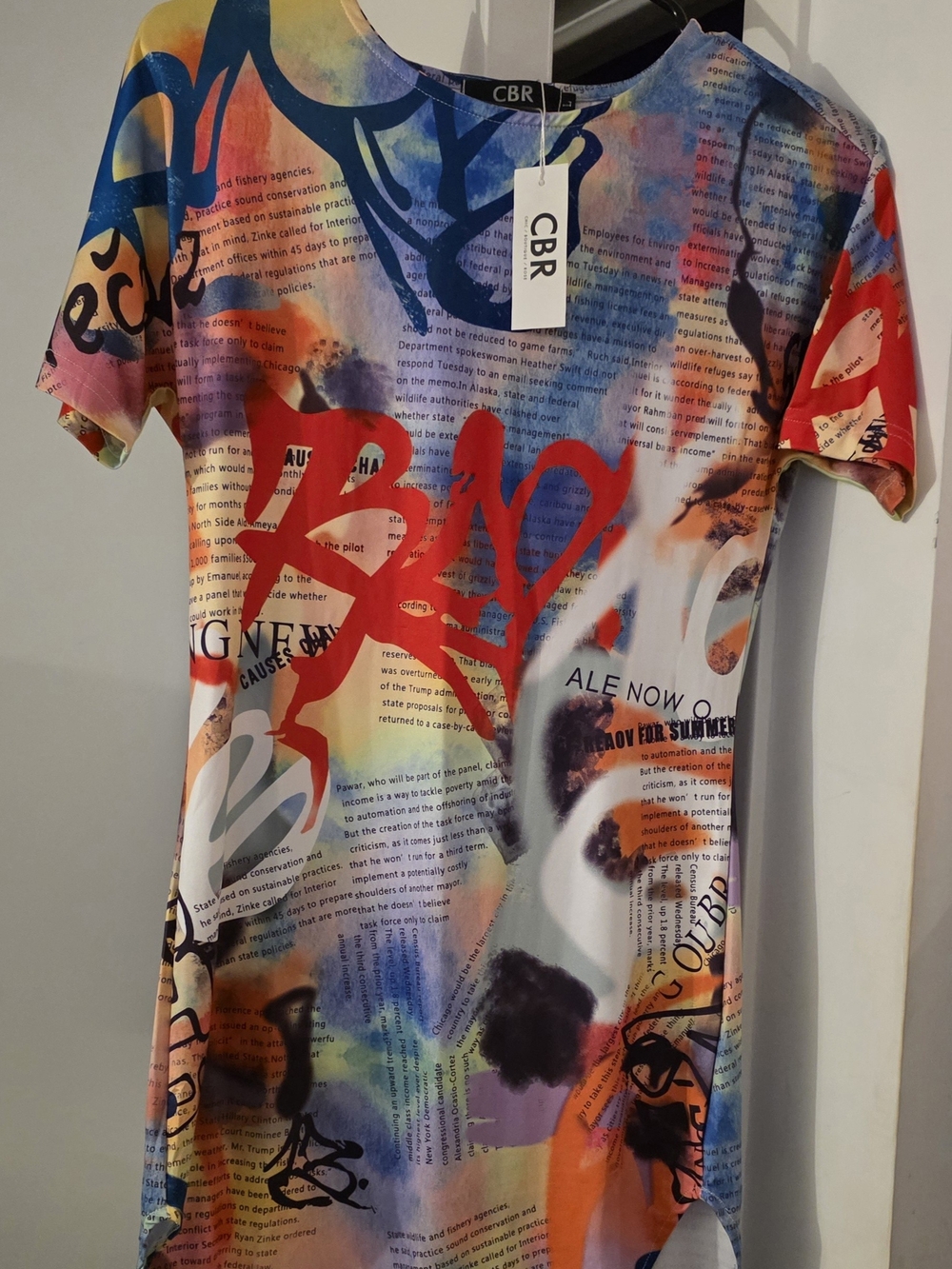CBR Multicolor Graffiti Print Short Sleeve Mini Dress with Red & Blue Accents